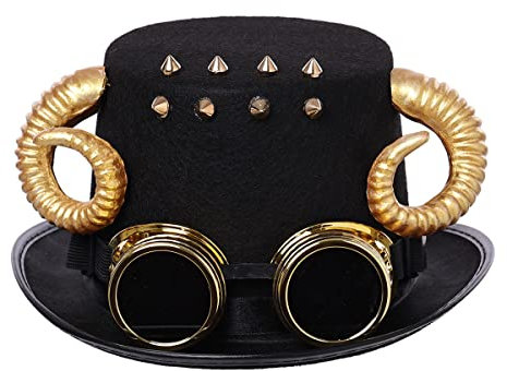 Unisex Steampunk Cosplay Horn Zylinder Hut mit Brille Damen Herren Spanische Stierkampf Hut Halloween Karneval Kopfbedeckung Kostüm Zubehör(58 cm/22,8 inches, schwarz)