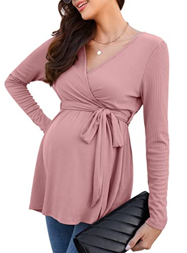 KOJOOIN Damen Stillshirt Schwangerschaftsshirt V-Ausschnitt Umstandsshirt Langarm Nursing Tops mit Gürtel Umstandsmode(Verpackung MEHRWEG)