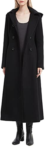 Trench-manteau long à double boutonnage avec capuche en cachemire et laine pour femme - Longueur maximale - Manteau de type Pea - Disponible en couleur trench, Noir , 34