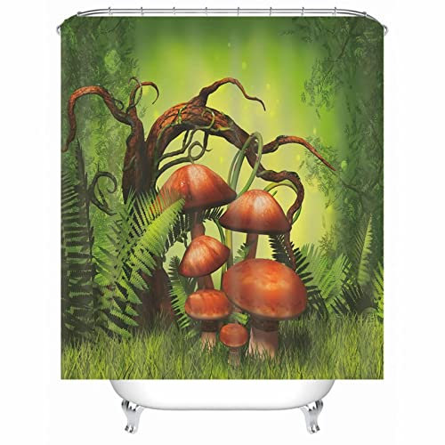 EHOMERY Duschvorhang Halterung Ohne Bohren Duschrollo Badewanne Ohne Bohren Pilzgras Polyester Grün Rostfreie Ösen Und 12 Hakenringe, 140X180Cm