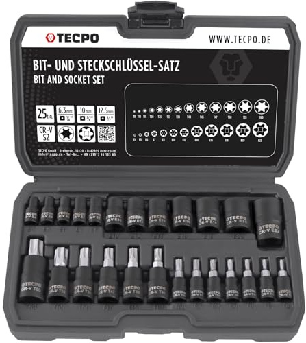TECPO Steckschlüssel Satz Torx Nüsse T8-T60 + E4-E22 25-Teilig 1/4 3/8 1/2 Zoll