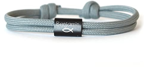 Personalisiertes Kinderarmband mit Namensgravur für Jungen & Mädchen – Kommunionsgeschenk mit Gravur aus Edelstahl & Nylon – Armband mit Fisch Symbol zur Firmung, Konfirmation, Taufe