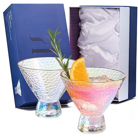 Iridescent Lustered Stemless Martini Glasses Set of 2 - Hammered Cocktail & Martini Glasses - Luxury Gift Box - Gold Rim 8oz Colorful Stemless Glassware - Weddings , Anniversary , Christmas , Barware