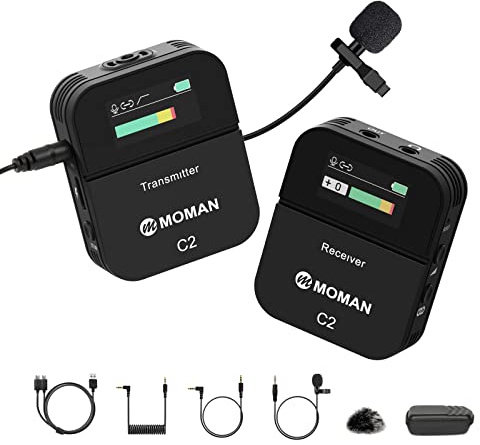 Moman Micrófono inalámbrico Lavalier C2 2,4 G, micrófono de Solapa inalámbrico, 70 m, 8H, para Clase en línea, Vlog Live Stream Youtube para cámara, Smartphone, Tablet