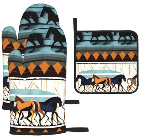 Set di 3 guanti e presine con motivo a strisce di cavallo e presine, per cucinare e grigliare, regalo di Natale per la festa della mamma