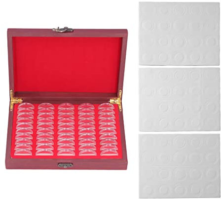 Porte-monnaie En Bois De 50 Pièces, Boîte De Rangement De Pièces De Monnaie Vintage Avec étui Transparent, Support De Conteneur De Pièces De Monnaie Rouge De 30 Mm Pour la Collection De Pièces De Monn