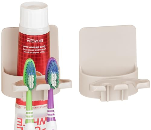 2 PCS Self-Adhesive Toothbrush Holders Wall Mounted, Water Proof Toothbrush Hook, 3 in 1 with Toothbrush Hanger Toothpaste Holder and Gargle Cup Holder for Bathroom Shower (Beige)