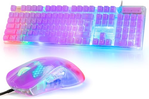 CHONCHOW Ensemble clavier et souris de jeu RVB avec câble USB, clavier transparent et rétroéclairé à DEL arc-en-ciel pour ordinateur, Windows, PC, PS4, Xbox, ordinateur portable