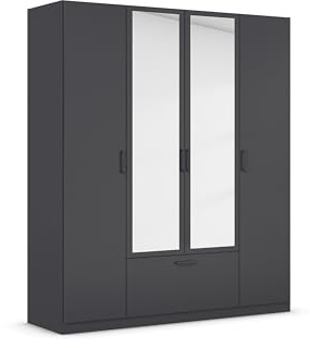 Rauch Möbel BARI, Kleiderschrank, Farbe Grau metallic, Breite 181 cm | Schrank, 4-türig, Spiegel, 1 Schublade, für Schlafzimmer, Kinderzimmer, Babyzimmer, Homeoffice, Garderobe, Flur