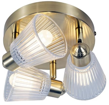 Satin Brass & Clear Ribbed Glass Bathroom Vintage 3 Lamp Round Plate Ceiling Light | 20.5cm Diameter | IP44 Rating | 3 x G9 Lamp Bulbs Required | 240V UK | Flush Ensuite Lighting | Retro Vibe
