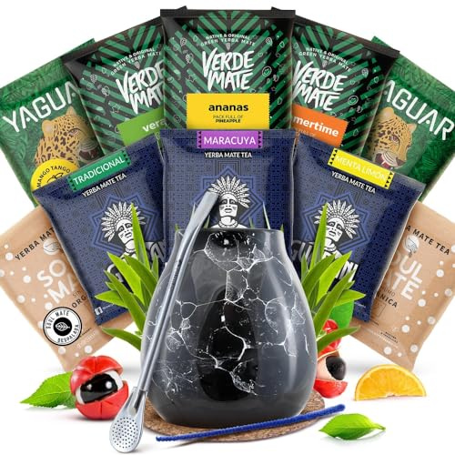 Kit yerba mate 10x50g avec calebasse, bombilla et accessoires | Coffret yerba mate avec 10 échantillons de 50g, calebasse en céramique, bombilla, nettoyeur et dessous de verre en liège