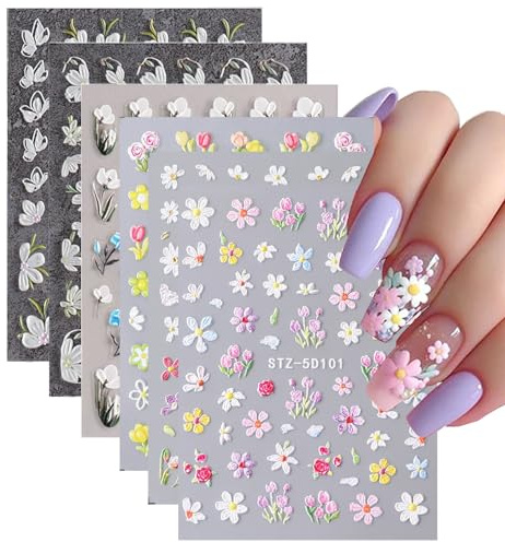 EUZUXU 6 Hojas Pegatinas para Uñas Flores 5D Autoadesiva Nail Art Stickers Decoración, Flores Margaritas en Relieve Decoración Uñas Mujer Manicura Nail Stickers Art