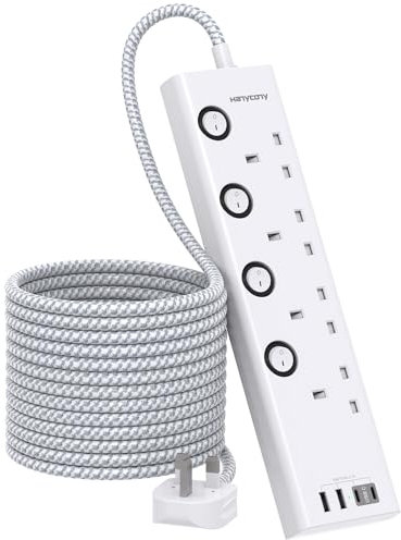 5M Extension Lead, 4 Way Socket with 4 USB Slots(2 USB C), Individually Switched, Extension Cable 5M, Wall Mount Extension Cord, Desk Power Strip for Home Office Accessories