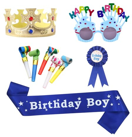 AYNKH 9-teiliges Party-Set mit Königskrone, Brille, Gürtel, Abzeichen, 5 Pfeifen (zufällige Farbe) für Geburtstage von Kindern und Erwachsenen