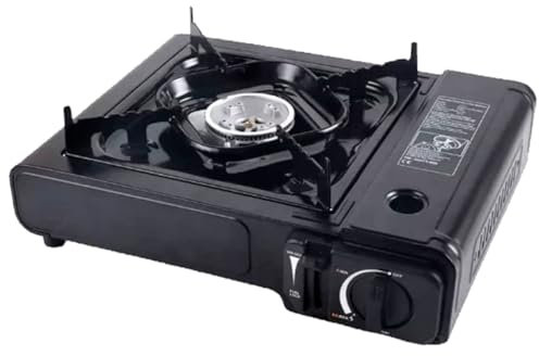 Tradineur - Cocina portátil a gas con un hornillo, mini cocina de camping compacta y ligera, 1 fuego, incluye maletín de transporte, acampada, apagón, viajes, jardín, aire libre (Color aleatorio)
