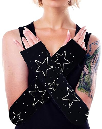 URAWESO Grunge Arm Warmers Y2k Gothic Sparkle Star Knitted Fingerless Gloves with Thumb Hole Punk Arm Sleeve