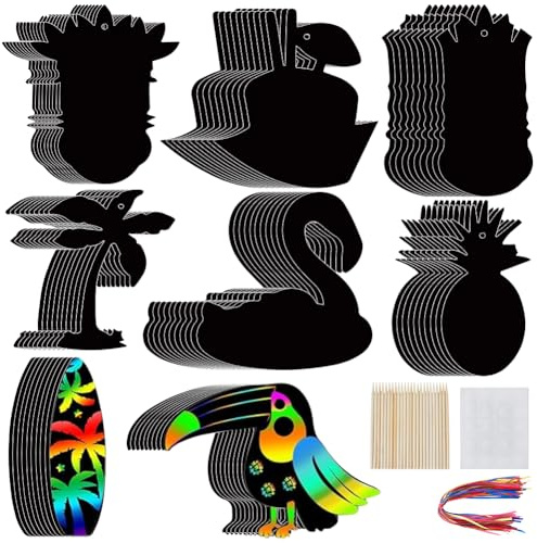 craspire 80 Stück Hawaii Kratzpapier Flamingo Ananas Strand Palme Regenbogen Kratzbilder Karten Kreativer Urlaub Für Lustige Partygeschenke DIY Bastel Anhänger Set Mit Band Und Bambusstäben