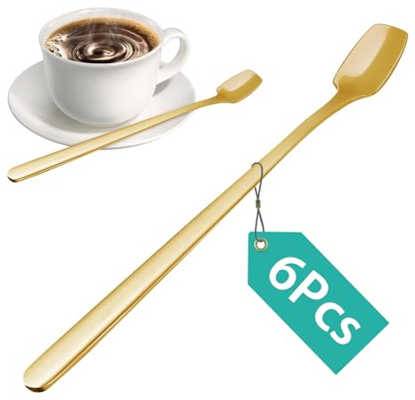 6 PCS Coffee Spoons Set, Dessert Spoon, Iced Tea Long Handle, Small Teaspoons, Stirring for Demitasse, Premium Stainless Steel Espresso Spoons (Gold)