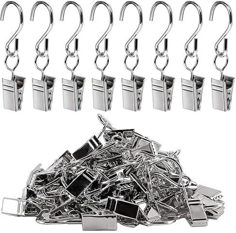 Gardinen Clips, 50 Stück Vorhang Clips, Gardinen Klammern mit S Haken, Multifunktions Vorhang Klammern, Metall Clips Haken, Vorhang Haken Clips, für Aufhängen Von Gardinen DIY Fotos, Silber