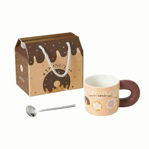 CAPIJIONG Taza de cerámica de 320 ml con diseño de donut de dibujos animados para parejas, taza de leche para café y leche, caja de color