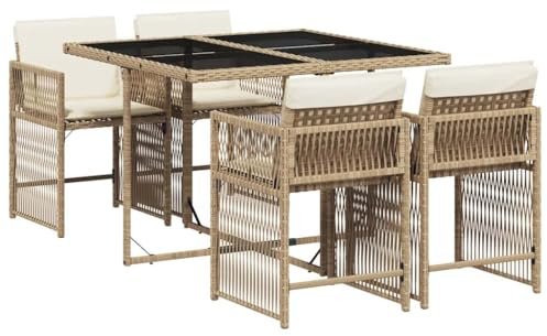 vidaXL Garten Essgruppe 5-TLG., Gartenmöbel Set Tisch mit 4 Stühle, Gartengarnitur mit Kissen, Sitzgruppe Essgarnitur Terrasse, Beige Poly Rattan