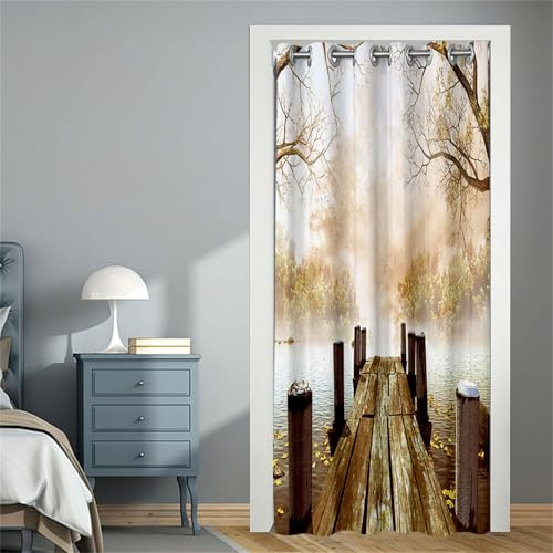 Odot Tende Oscuranti per Interni Porta, Motivo Paesaggio 3D Tende con Occhielli per Interni Tenda Divisoria per Stanza Tenda Porta Isolamento Termico per Finestra (116x137cm,Ponte di Legno A)