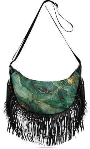 Fransen-Handtasche, Crossbody mit Quaste, Hobo-Tasche, Fransen-Geldbörsen für Damen, Western, Grüner Marmor mit goldfarbenem Muster