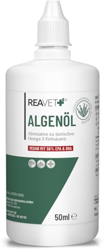 ReaVET Huile d'algues pour chiens, chats, chevaux - 50 ml - Hautement dosée et végétalienne - Huile alimentaire à base d'algues - Soutient les articulations, le métabolisme, le pelage et la peau