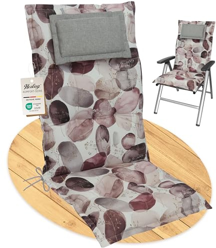 Herlag Hochlehner-Gartenstuhlauflage AVA 123x50x9cm - Blüten - Extra Dicke Sitzauflage 9 cm - Kopfpolster - Polsterauflage Deluxe-Komfort - Öko Tex 100 - Aquarell Bordeaux