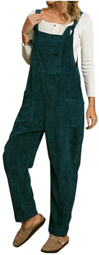 Corduroy Dungarees for Women UK Clearance Jumpsuits Ladies Loose Fit Winter Suspender Bib Overalls Solid Rompers Wide Leg Trousers Pants Playsuit with Pockets Size 8-16 Army Green