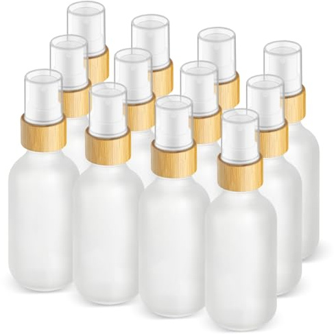 DMuuuDM 12 Pack 2 oz Glass Spray Bottles,Empty Perfume Fine Mist Atomizer,Natural Bamboo Pump Head Travel Liquid Holder Containers for Cologne,Essential Oils,Body Sprays,Room Sprays-Clear Frosted