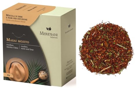 Meridiani® | Masai Mojito Infuso Rooibos Menta e Lime | Mix Fresco Intenso Base Rooibos con Erbe e Fiori per Infusione - (80 Gr)