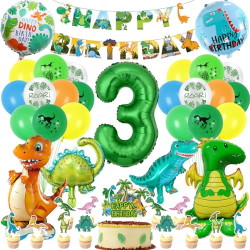 Dino Geburtstag Deko 3 Jahre Jungen, Dinosaurier Geburtstagsdeko, XXL Dino Folienballons mit Luftballon 3, Dino Kuchen Deko, Happy Birthday Girlande für Dino Party Dschungel Deko Kindergeburtstag