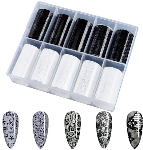 SOFPLATE 10 Rollen Spitzen Nageltransfer Schwarze Folie Nagelkunst 1m x 4cm PET Weiß Bunt Hohl Blumen Floral Holografisches Bastelpapier Aufkleber Zubehör Für Maniküre Tipps Kunst DIY Dekoration