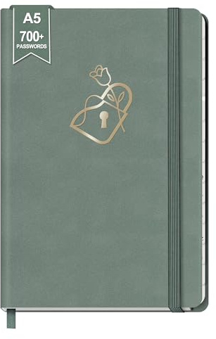 BIROYAL A5 Passwort Buch Deutsch, Platz für über 700 Passwörter, Grün | A-Z Register, 224 Seiten mit 120 g/m²-Premium Papier, Gummiband, Lesezeichen, für Internet-Adressen, Benutzernamen und Logins
