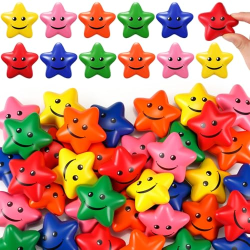 Skylety 60 Stück Stern Lächeln Gesicht Stressabbau 5,2 cm, Bunt1 | Lustige Stern Anti Stress Bälle, Mini Sternform Stressball Für Erwachsene Zum Stressbälle Handübungen Geschenktüten Füllen