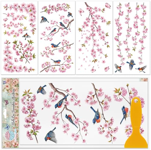 GLOBLELAND 4 foglio di Adesivi Trasferibili A Sfregamento con Fiori di Pesco Colorati per Mobili 12x6 pollici Adesivi Trasferibili Floreali Fiori Uccelli Autoadesivi per Camera Da Letto