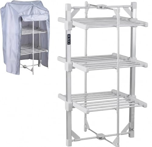 Tarrapu 3 Tier Heated Clothes Airer with Cover & Smart Timer – Electric Heated Drying Rack Indoor Folding Clothes Dryer with Auto Shut Off – Laundry Airer & Clothes Horse