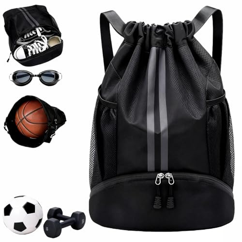 Turnbeutel Kordelzug Sportbeutel Schwarz mit Schuhfach, Wasserdicht Sportbeutel mit Innentasche Außentasche, Gym Bag Turntasche Große Kapazität, Gymsack Schwimmrucksack für Kinder Herren Fitnessstudio | mit schuhfach