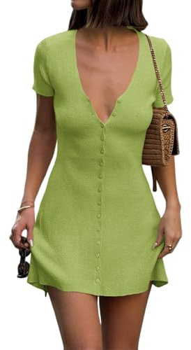 Saodimallsu Womens Short Sleeve Mini Dress V Neck Button Up Cardigan Sweater Summer Ribbed Knit Flare A Line Dresses Light Green