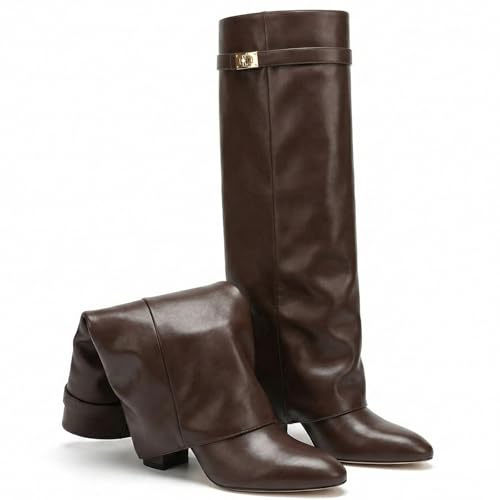 Silanway Women's Knee High Boots Leather Fold Over Pointed Toe Gold Buckle Stacked Heel Dress Casual Slouchy Mid Calf Booties (Brown,8)