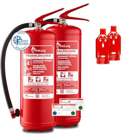 FireLoq® 2X 6kg Pulver Löscher 27A | 233B | C Prüfnachweis, Wandhalter und Manometer