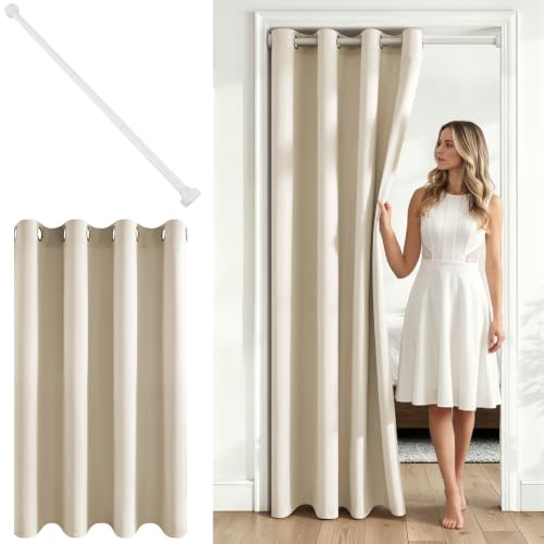 MRTREES 1 Pezzi Tenda Porta Beige 140x240 CM, con Asta Telescopica 75-125cm | Bastone Bianco,Senza Forare,Tenda Oscurante,Tende Divisoria Interni,per Separa Ambienti,Cucina,Camera da Letto,Balcone