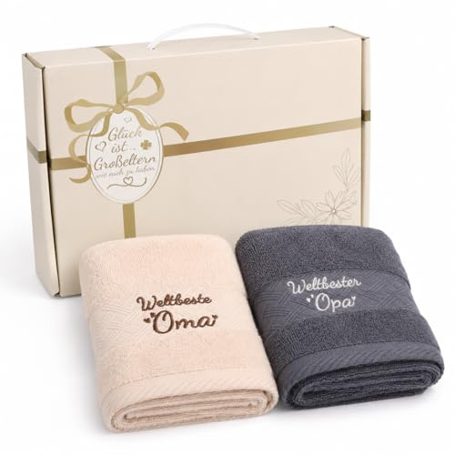 Johamoo Oma und Opa Geschenkset, 2er Besticktes Handtuch Set 35 x 75 cm, Geschenk für Großeltern von Enkelkindern, Schwangerschaft verkünden Großeltern, Weltbeste Oma & Weltbester Opa mit Geschenkbox
