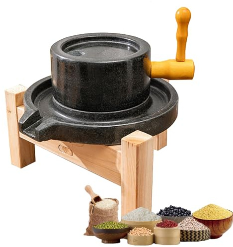 Naturlig sten kornkvarn för mjöl, handvevmal med trästativ, traditionellt slipverktyg för vete, kryddor och kaffebönor, 19 cm