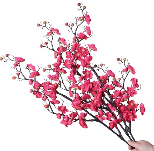 cn-Knight Lot de 3 tiges de fleurs artificielles soyeuses de 94 cm, type prunier chinois, abricotier japonais - Pour décoration d’intérieur, centre de table, réception, hôtel, restaurant (Rouge rosé)