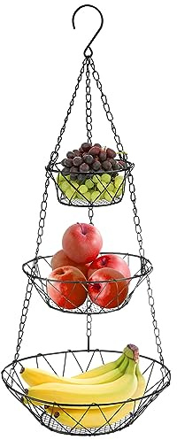 com-four® corbeille à fruits suspendue - corbeille à fruits suspendue - étagère suspendue réglable individuellement pour la cuisine - corbeille à fruits suspendue en métal noir (noir - rond)