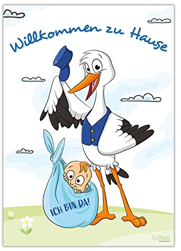 iulias Freude schenken! Poster zur Geburt Junge I Storch mit Baby I Willkommen zu Hause I XL DIN A2 Plakat I Babyparty Deko blau Geburtsgeschenk