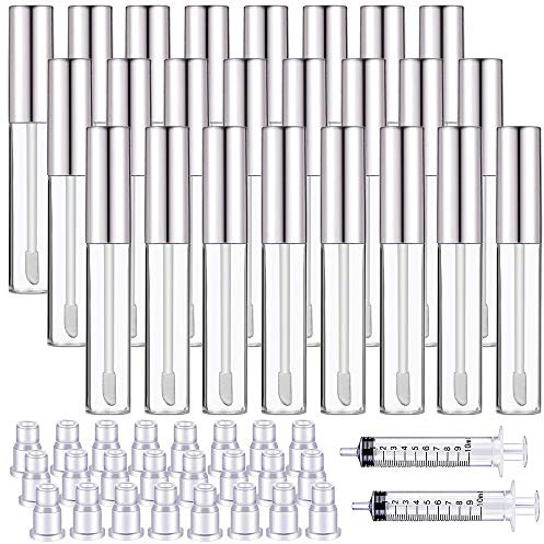 Lot de 24 tubes de gloss à lèvres transparents de 10 ml avec pointe pinceau rechargeable et 2 seringues en plastique de 10 ml pour maquillage à faire soi-même (argenté)