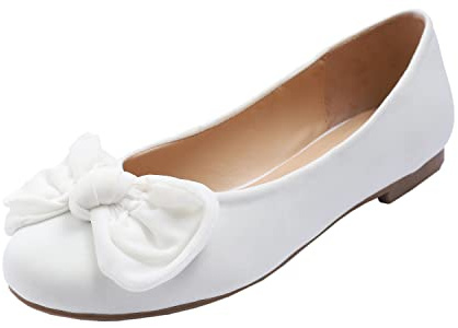 Feversole Damenmode, runder Zehenbereich, Ballett, flach, Flauschiger Elastische，Süße Schleife Weiß 37 EU